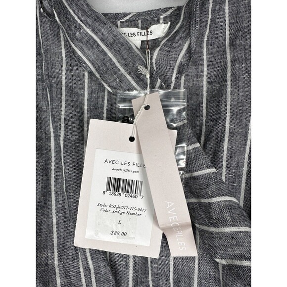 Avec Les Filles Linen Blend Striped Ruffle Romper Indigo Heather Size Large NEW - Picture 3 of 8